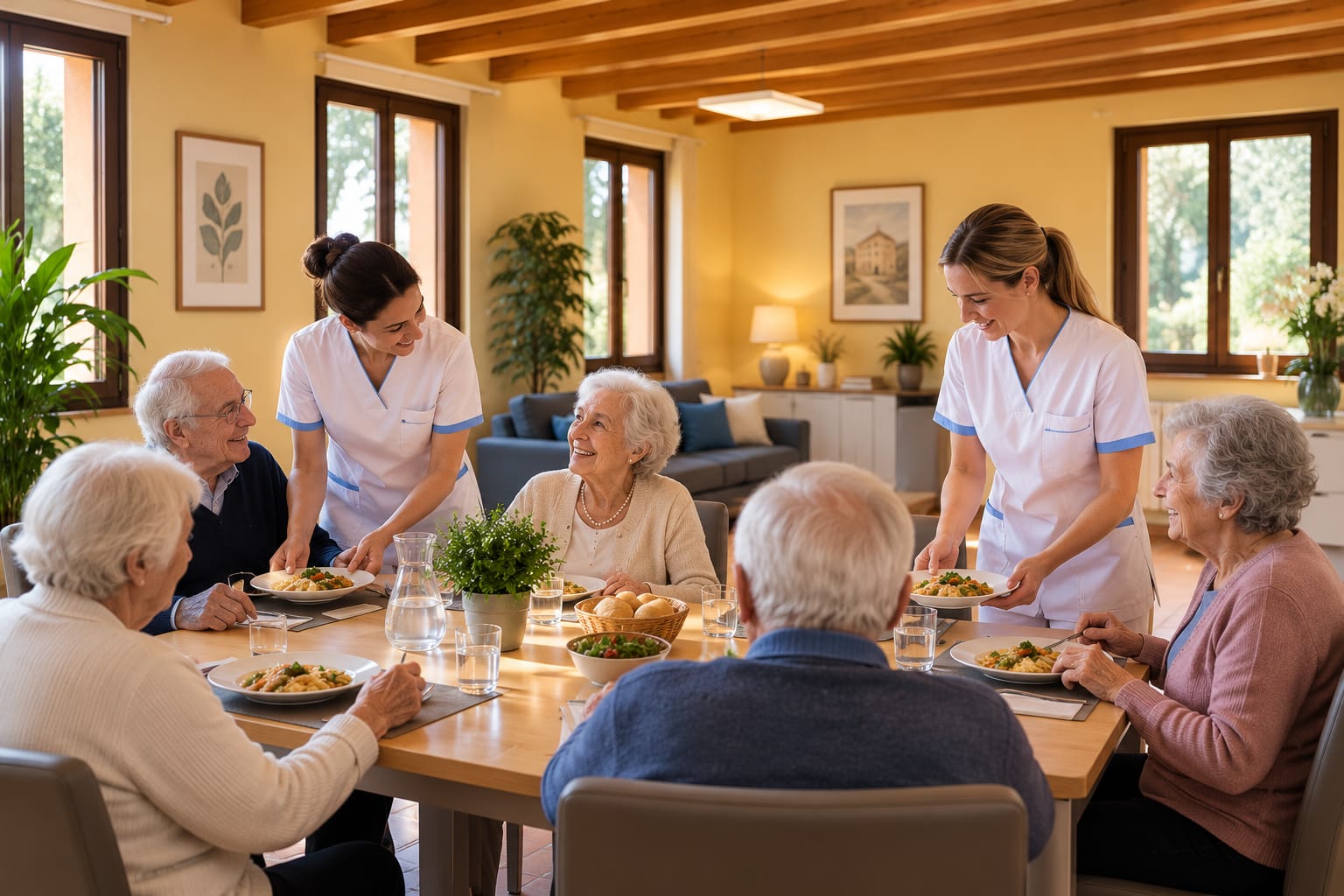 Ospiti e operatrici riuniti durante il pranzo a Terre del Reno